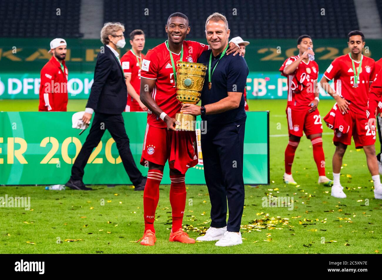 Berlin Germany 4 Th July 2020 David Alaba Fcb 27 Trainer Hansi Flick Fcb Team Manager Headcoach Coach With Trophy At The Dfb Pokal Final Match Fc Bayern Muenchen Bayer 04