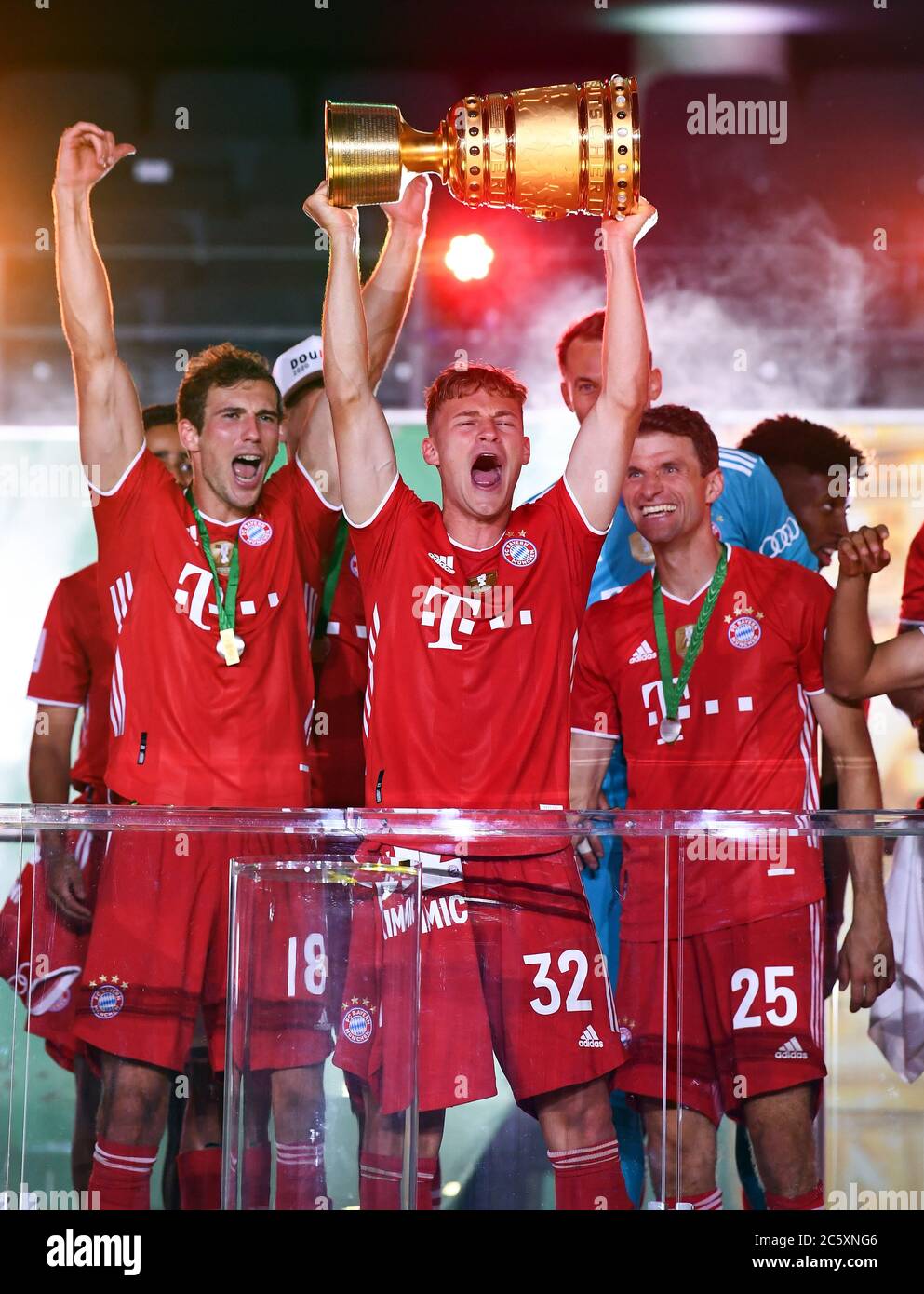 Berlin, Germany, 4 th July 2020, Celebration winner ceremony: Alphonso  DAVIES, FCB 19 with trophy at the DFB Pokal Final match FC BAYERN MUENCHEN  - BAYER 04 LEVERKUSEN 4-2 in season 2019/2020 