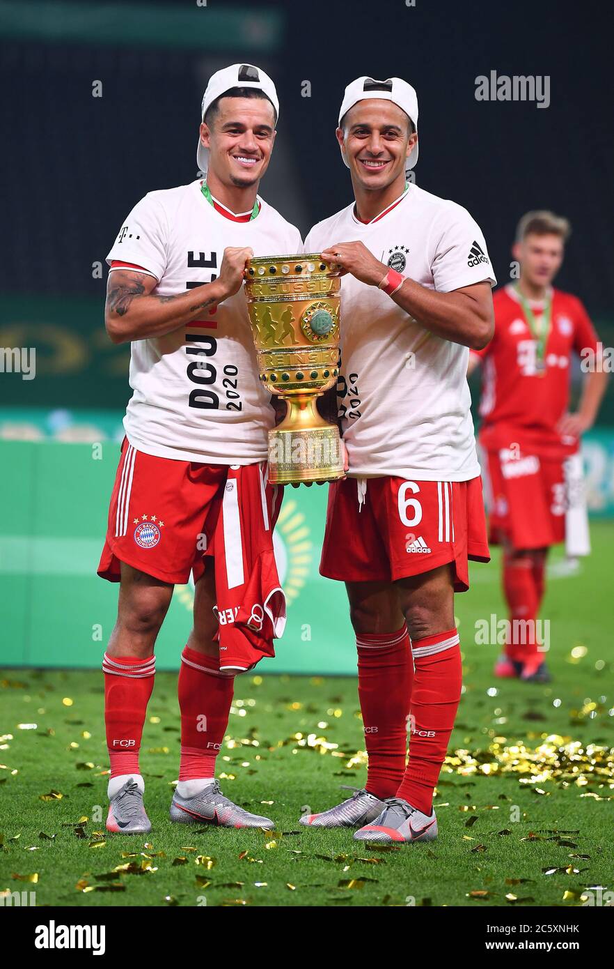 Berlin, Germany, 4 th July 2020, Celebration winner ceremony: Alphonso  DAVIES, FCB 19 with trophy at the DFB Pokal Final match FC BAYERN MUENCHEN  - BAYER 04 LEVERKUSEN 4-2 in season 2019/2020 