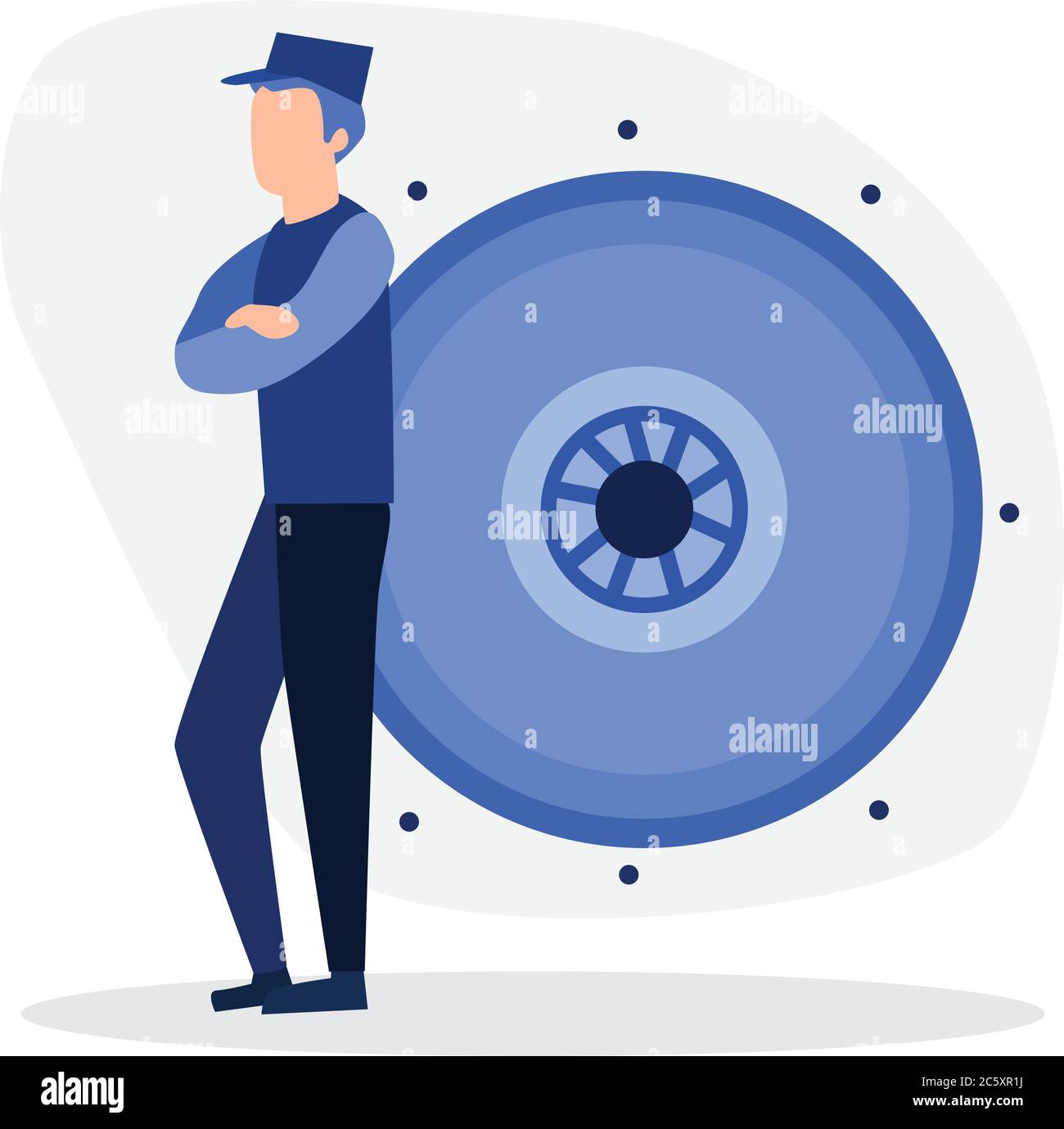Mechanic at work. Wheel and tire of car. Technical work. Repair and service. Man in blue jumpsuit. Stock Vector