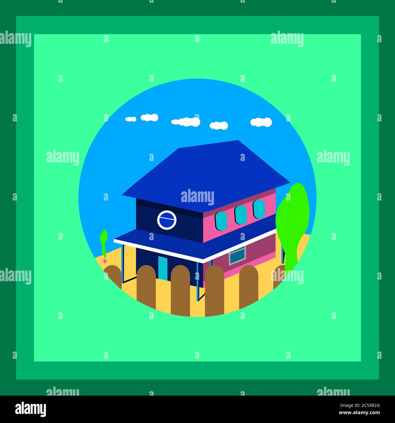 Vector illustrations of house, fence, cloud and tree in the middle of the circle on green background. Stock Vector
