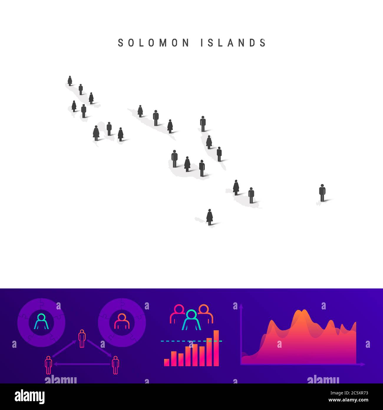 Solomon Islands people map. Detailed vector silhouette. Mixed crowd of men and women icons. Population infographic elements. Vector illustration isola Stock Vector