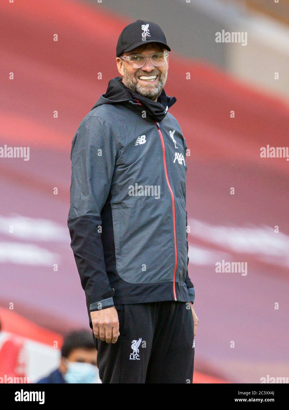 Liverpool. 6th July, 2020. Liverpool's manager Jurgen Klopp reacts during the Premier League match between Liverpool and Aston Villa at Anfield in Liverpool, Britain on July 5, 2020.FOR EDITORIAL USE ONLY. NOT FOR SALE FOR MARKETING OR ADVERTISING CAMPAIGNS. NO USE WITH UNAUTHORIZED AUDIO, VIDEO, DATA, FIXTURE LISTS, CLUB/LEAGUE LOGOS OR "LIVE" SERVICES. ONLINE IN-MATCH USE LIMITED TO 45 IMAGES, NO VIDEO EMULATION. NO USE IN BETTING, GAMES OR SINGLE CLUB/LEAGUE/PLAYER PUBLICATIONS. Credit: Xinhua/Alamy Live News Stock Photo