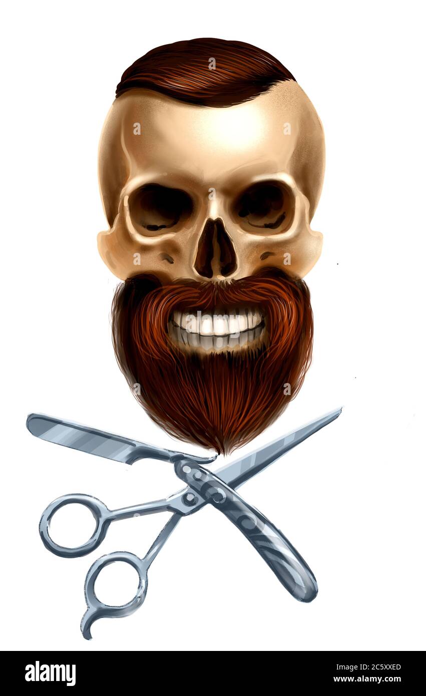 Bearded human skull and crossed razor and scissors. Digital