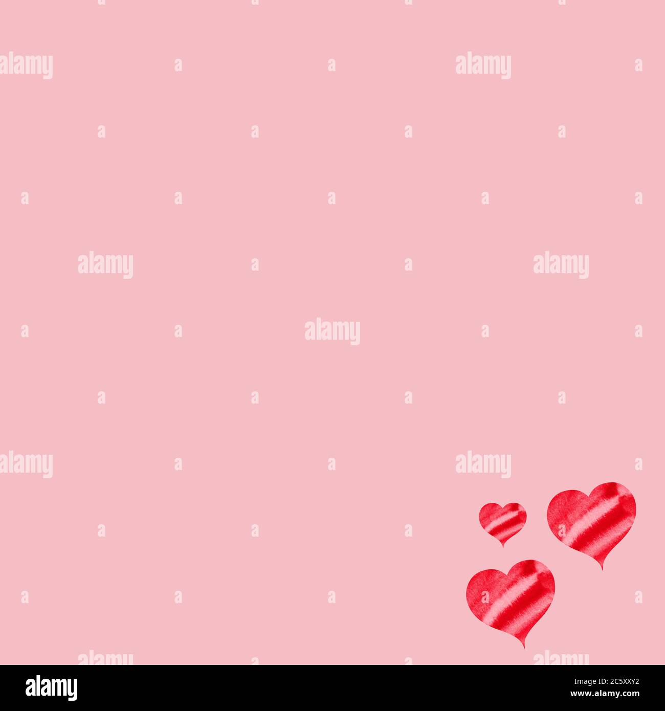 Watercolor red hearts on a light pink background. Watercolor drawing ...