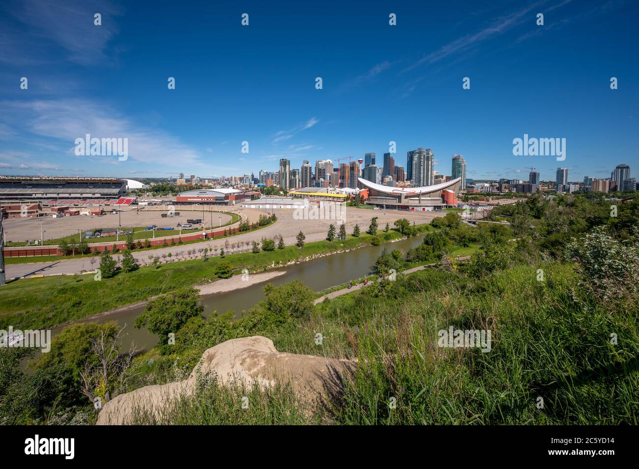 Calgary, Alberta - July 5, 2020: Calgary's Scotiabank Saddledome and the downtown skyline. The Saddledome is scheduled to be replaced in the near futu Stock Photo