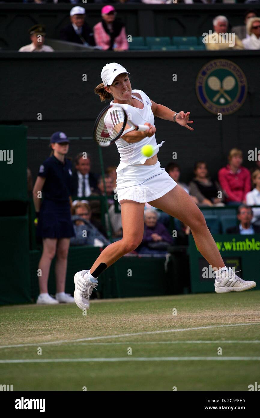 Justine Henin in action during her semi-final match against Marion Bartoli at Wimbledon in 2007. Stock Photo