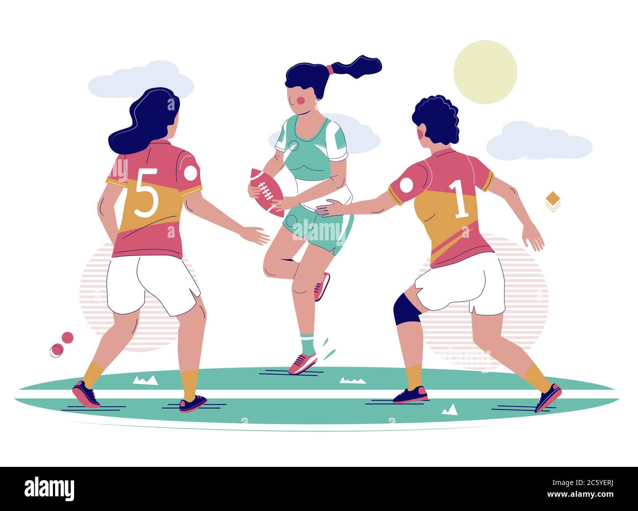Women rugby football game, vector flat illustration Stock Vector