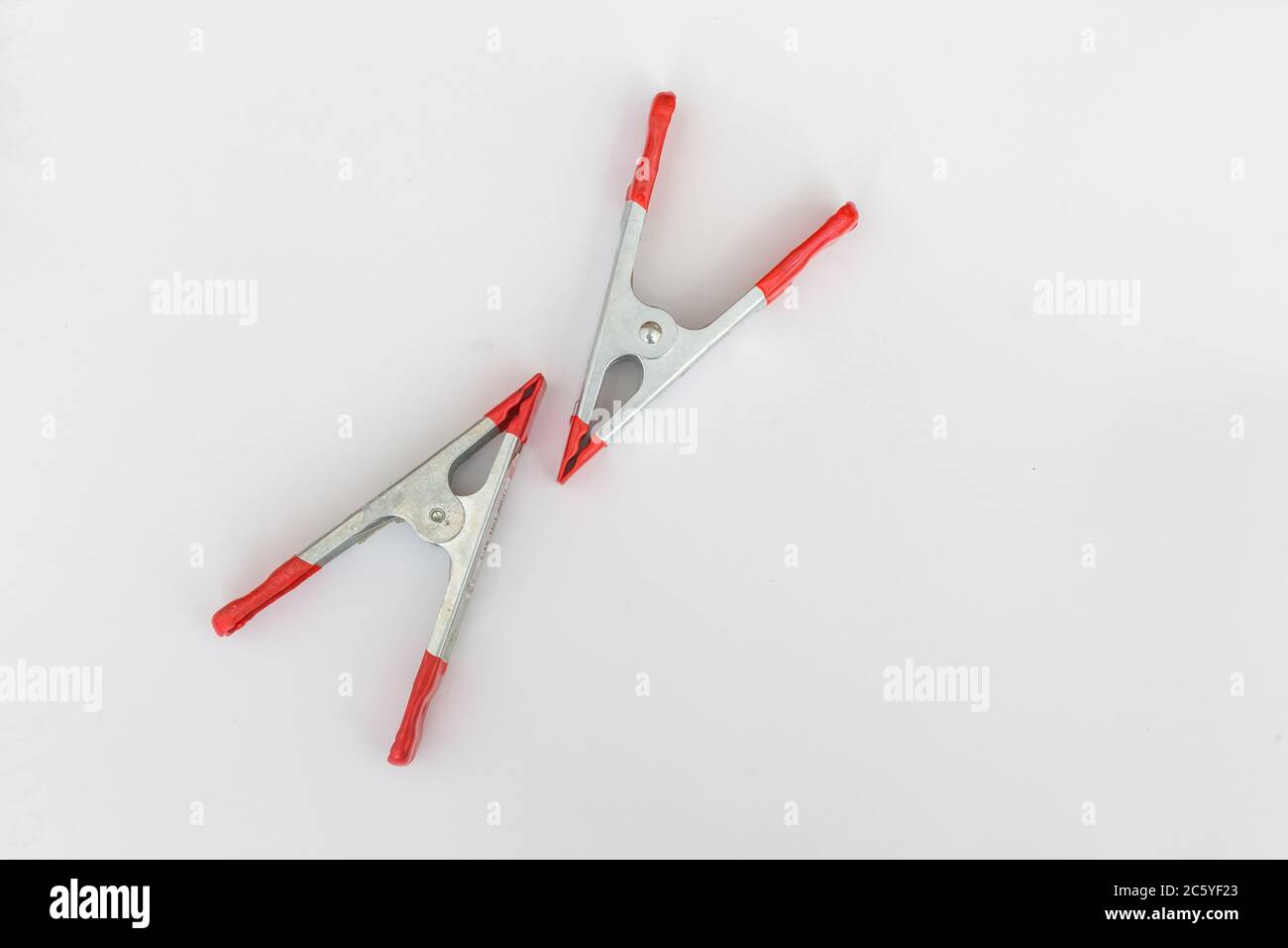Two A-clamps on white background. Equipment tool Stock Photo