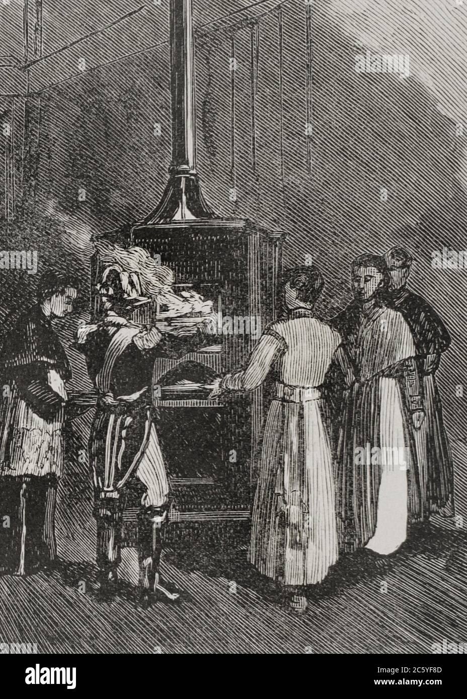 León XIII (1810-1903). Papa italiano (1878-1903), de nombre Vincenzo Gioacchino Pecci. El cónclave para la elección del Papa León XIII. Chimenea donde se queman los boletines de la votación después de cada escrutinio. Grabado. La Ilustración Española y Americana,1878. Stock Photo