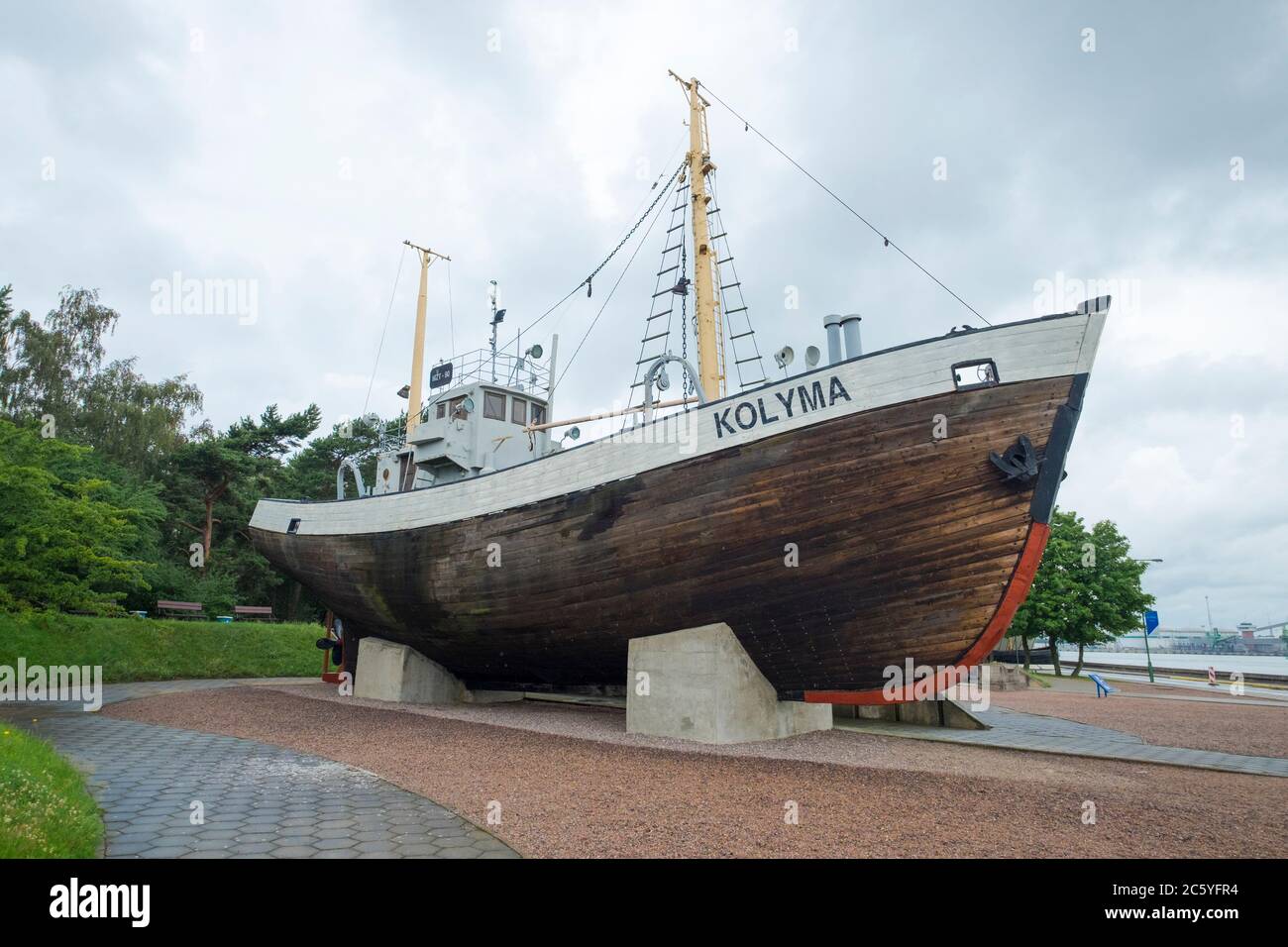 The historic Kolyma wooden fishing boat. At the Ethnographic Homestead Complex in Neringa, Lithuania. Stock Photo