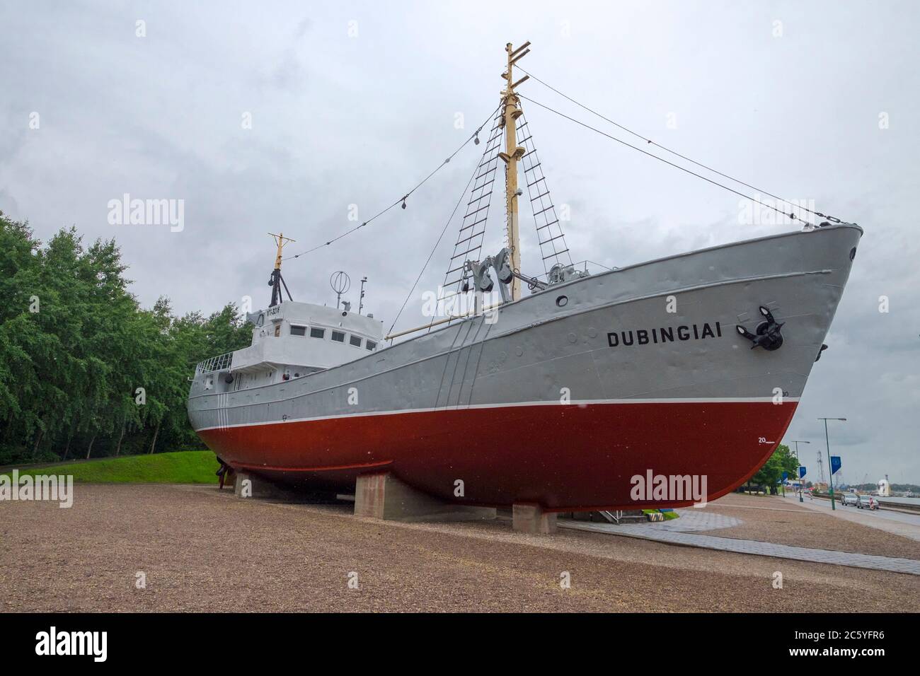 The steel-hulled Soviet fishing boat, Dubingiai. At the Ethnographic Homestead Complex in Neringa, Lithuania. Stock Photo