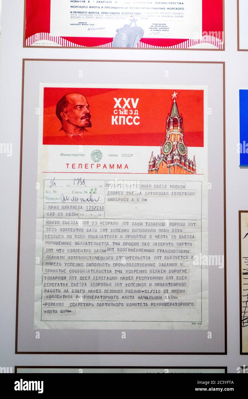 A Soviet, USSR, CCCP award telegram. At the Ethnographic Homestead Complex in Neringa, Lithuania. Stock Photo