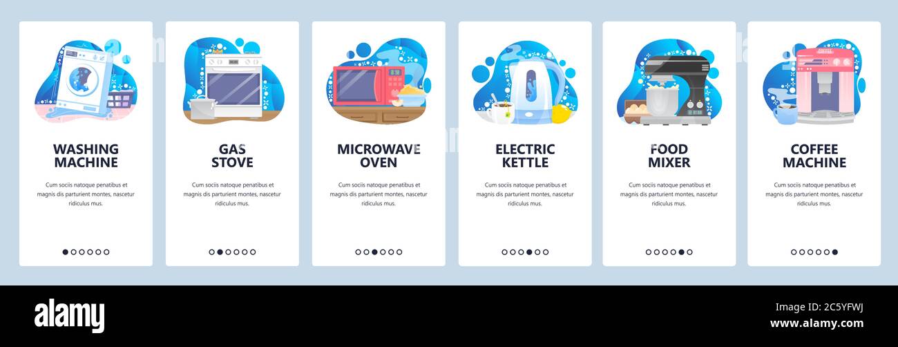 Kitchen and home appliances. Mobile app onboarding screens, vector