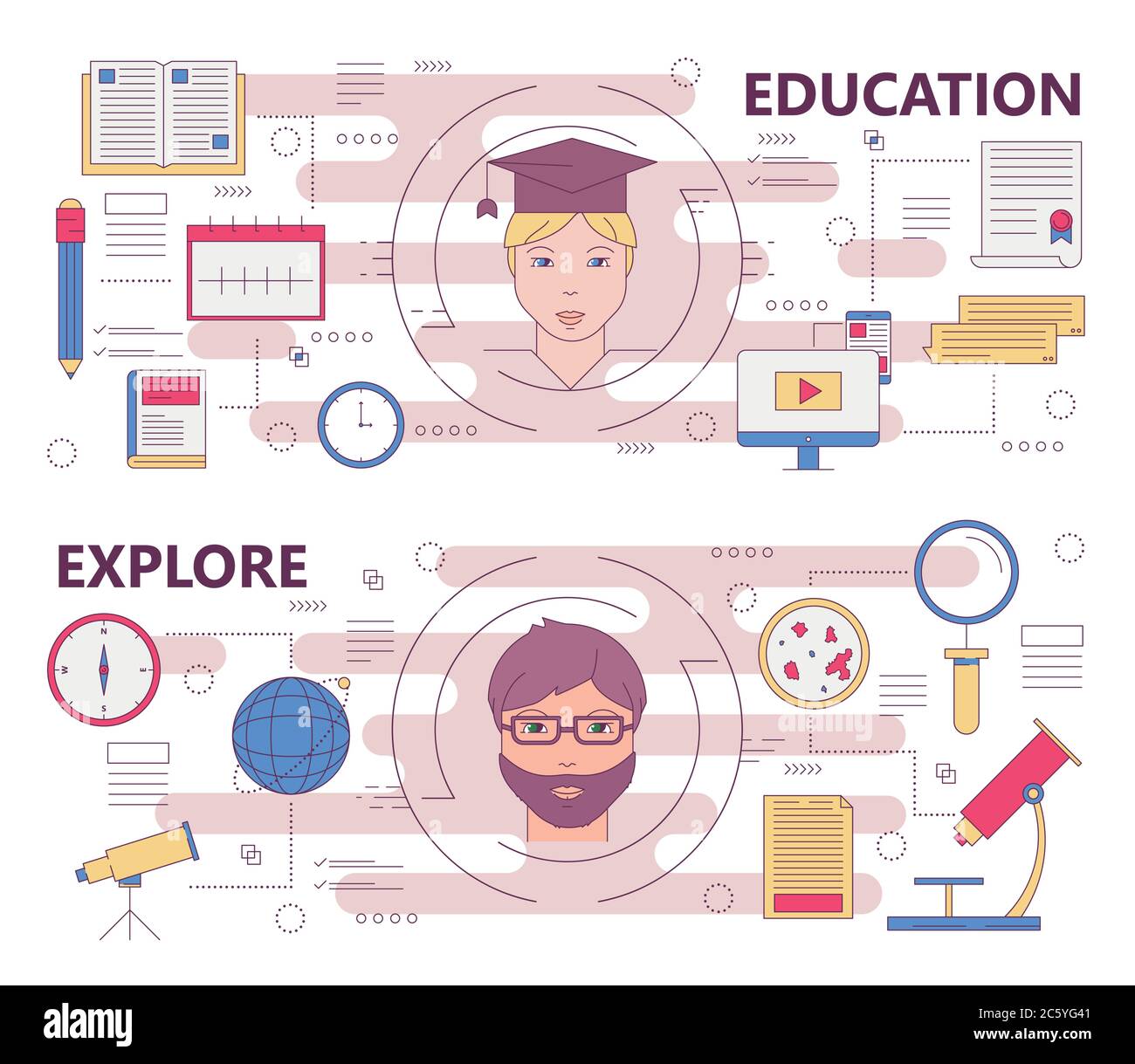 Vector thin line flat design education and explore concept banners ...