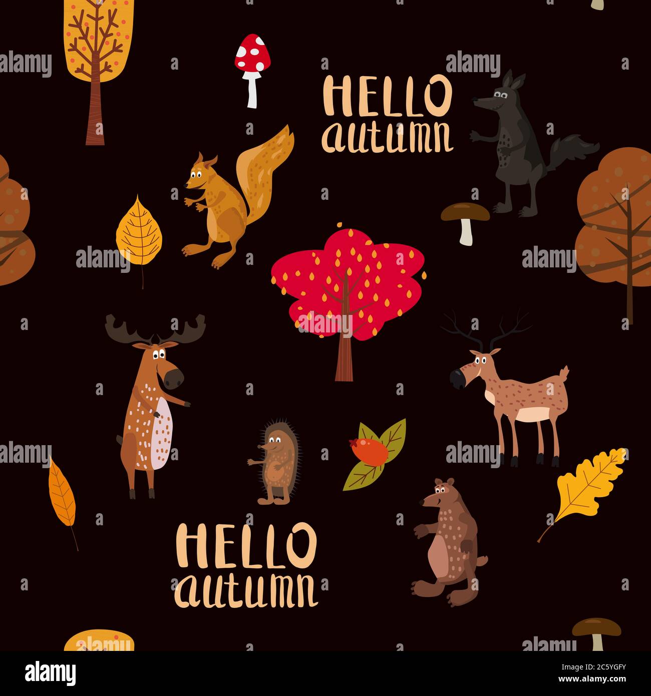 Autumn forest cute animals seamless pattern with trees leaves Stock Vector