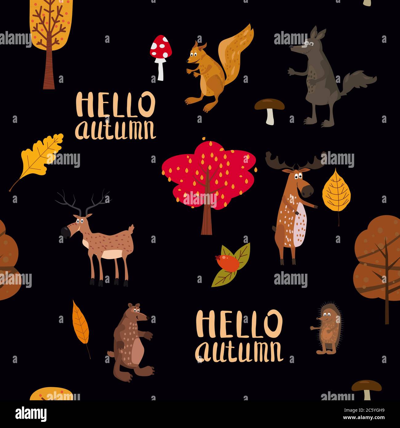 Autumn forest cute animals seamless pattern with trees leaves Stock Vector