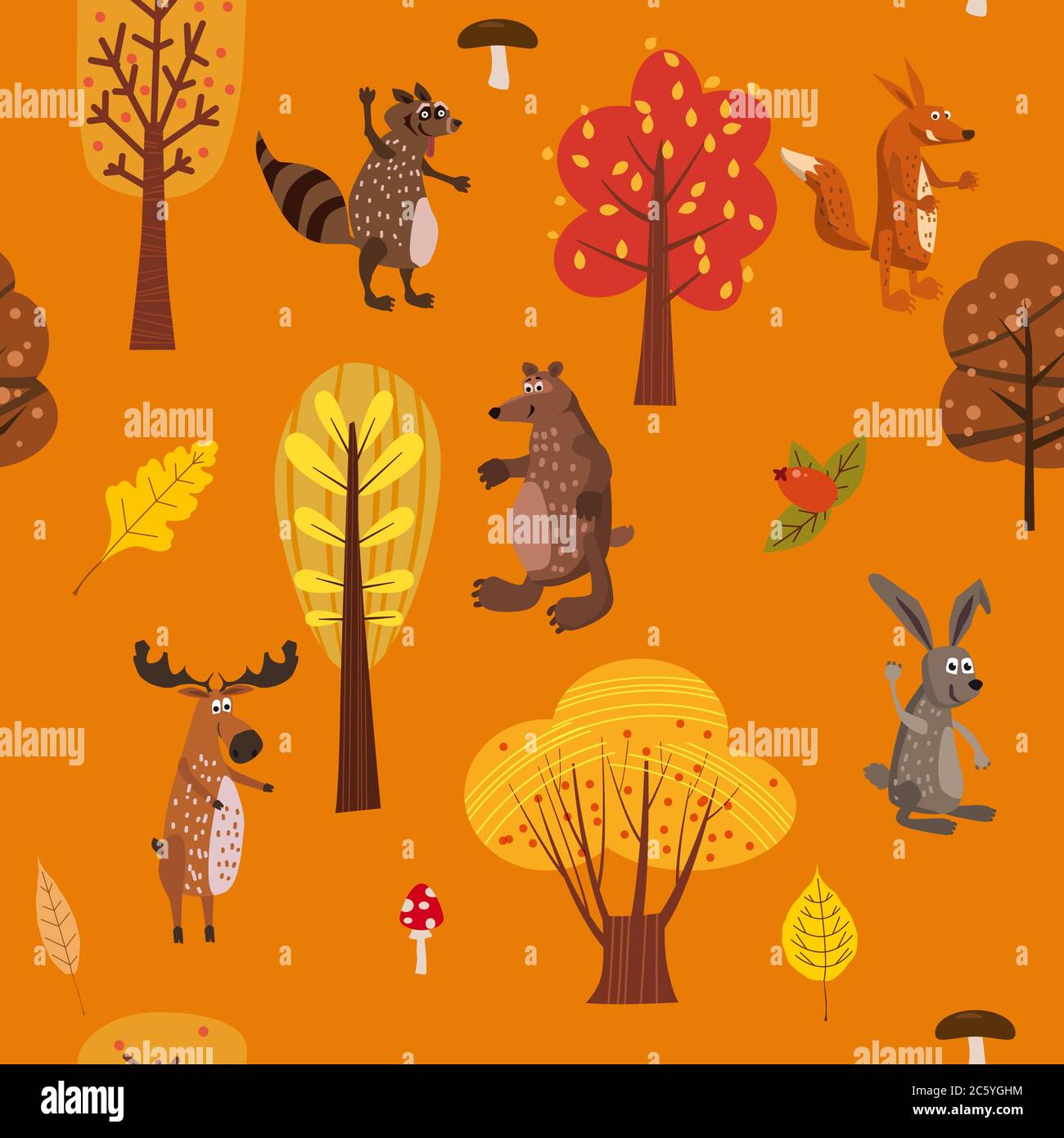 Autumn forest cute animals seamless pattern with trees leaves Stock Vector