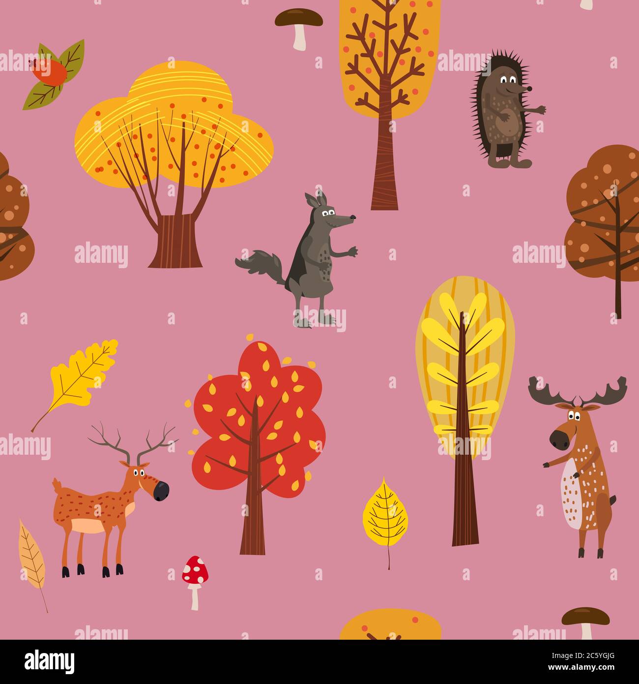 Autumn forest cute animals seamless pattern with trees leaves Stock Vector