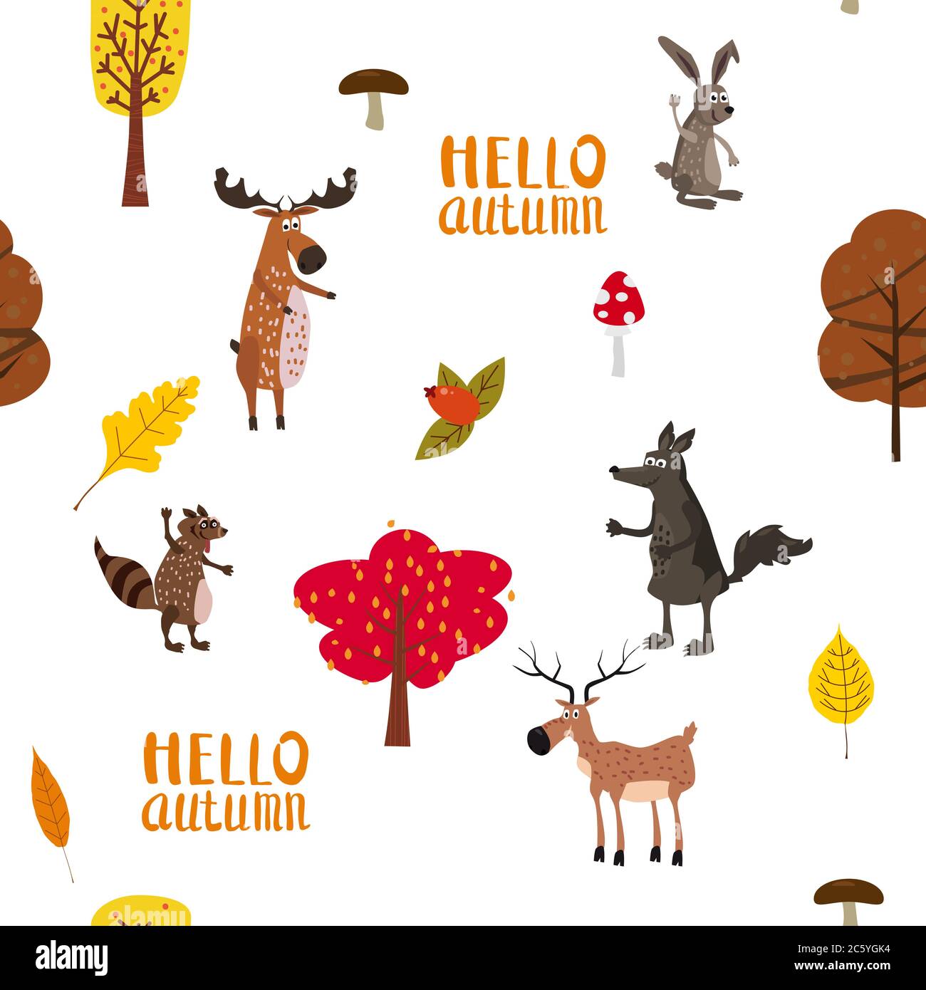 Autumn forest cute animals seamless pattern with trees leaves Stock Vector