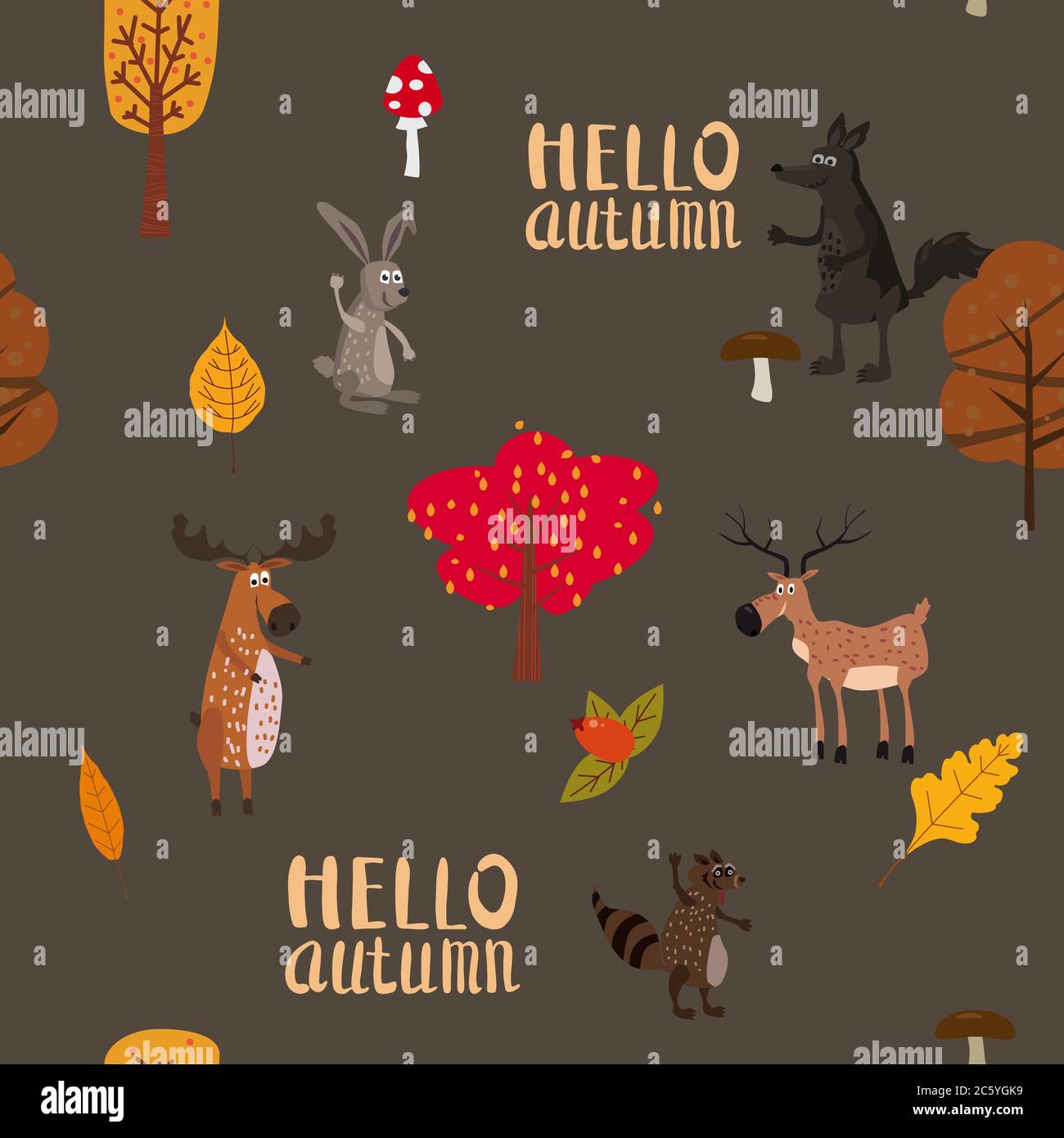 Autumn forest cute animals seamless pattern with trees leaves Stock Vector