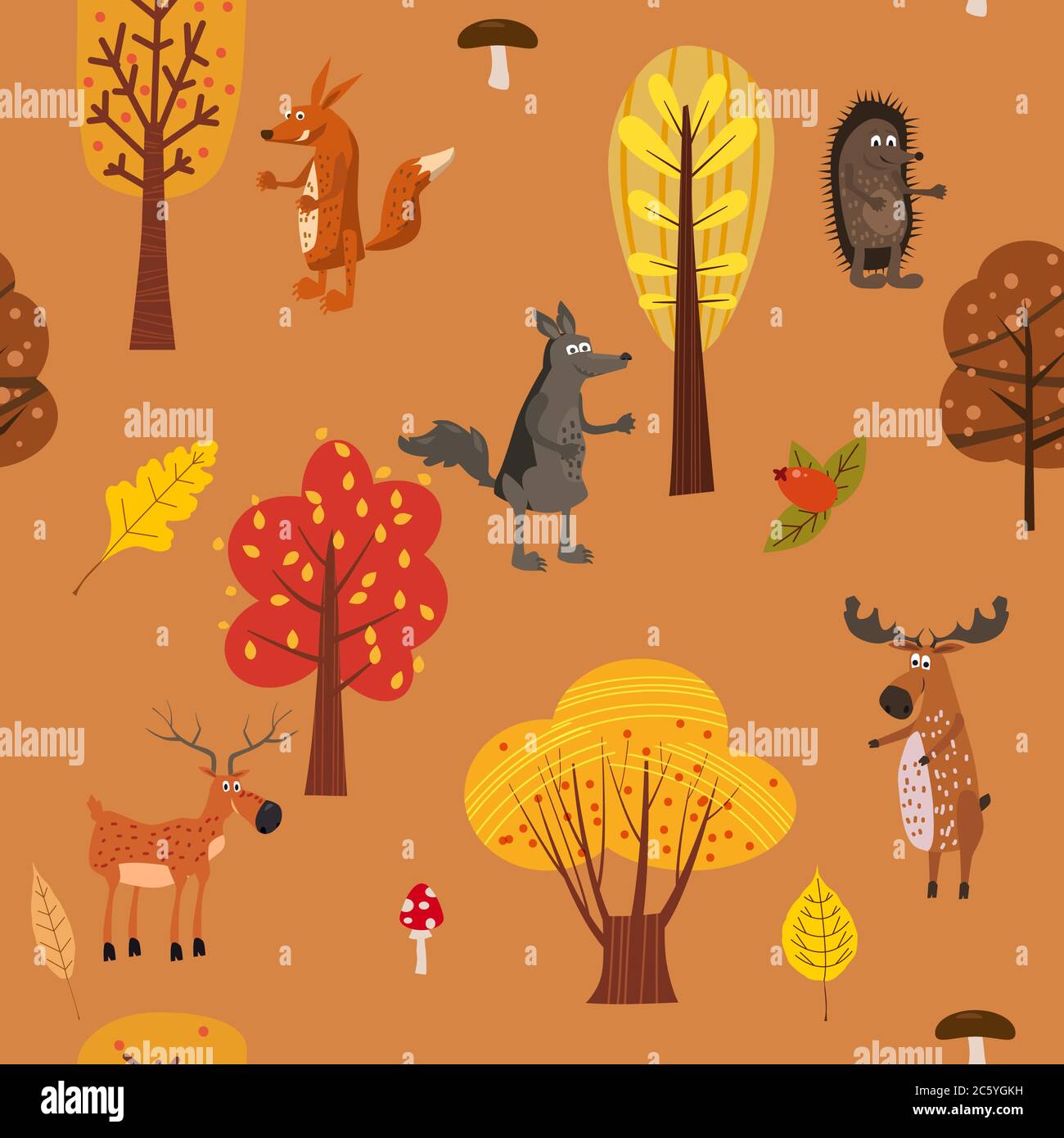 Autumn forest cute animals seamless pattern with trees leaves Stock Vector