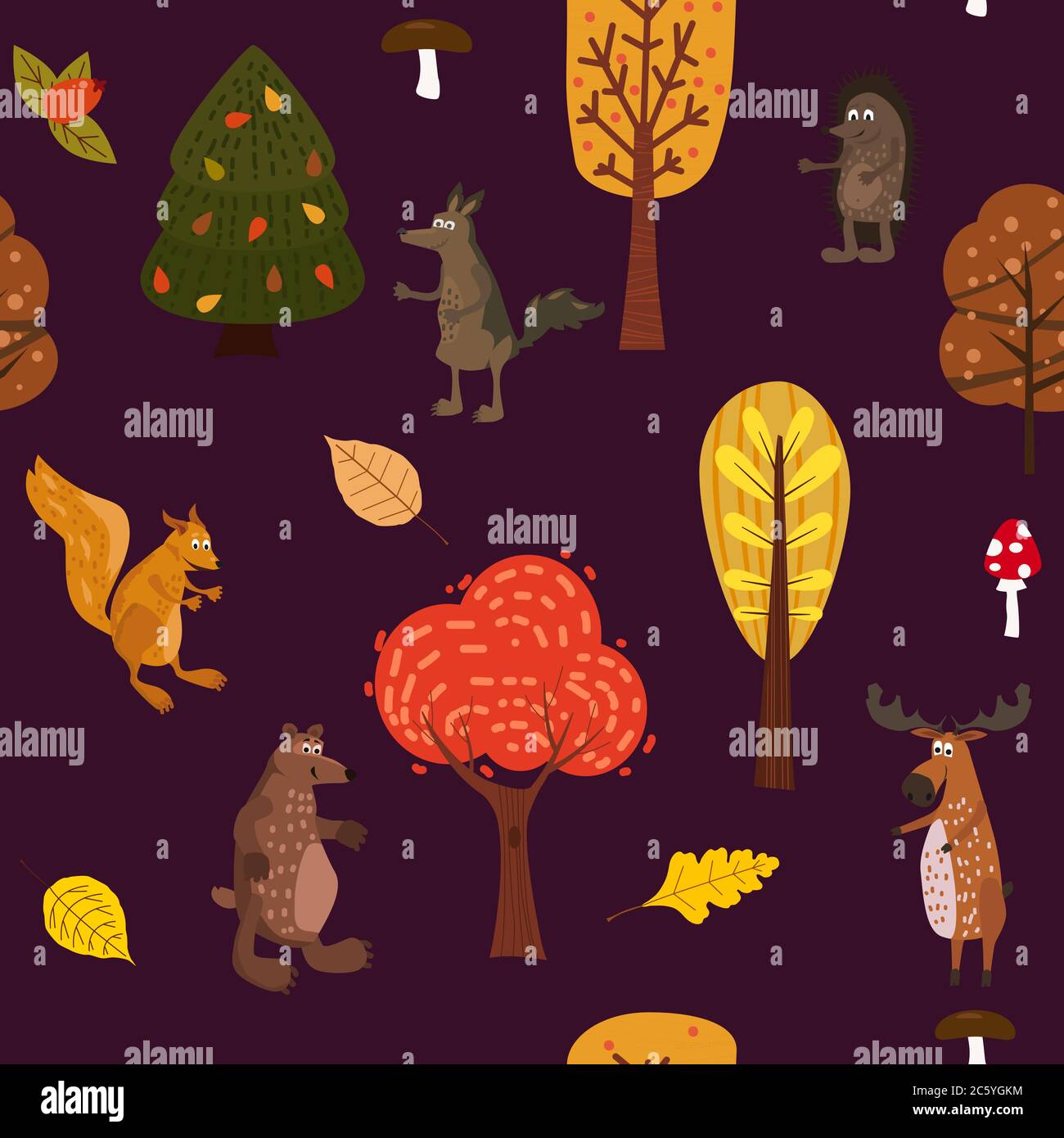 Autumn forest cute animals seamless pattern with trees leaves Stock Vector