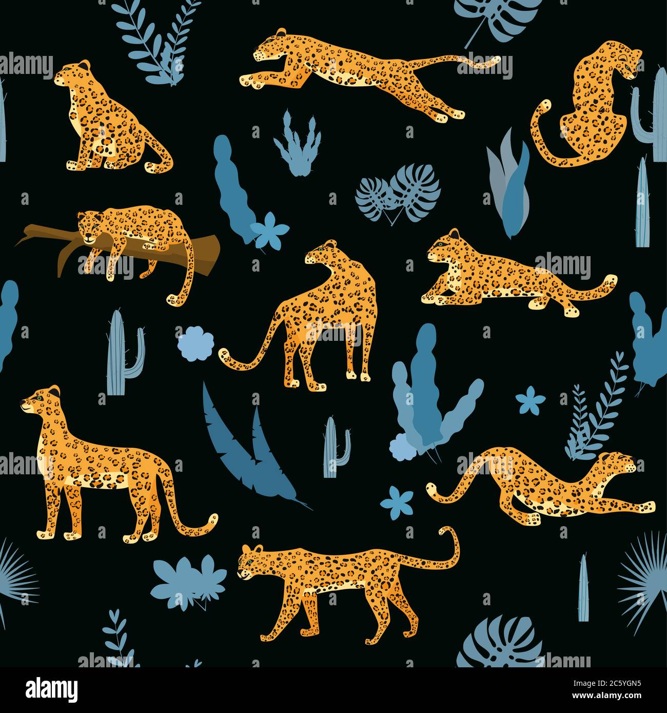 Seamless pattern with leopards in different poses with tropical leaves ...