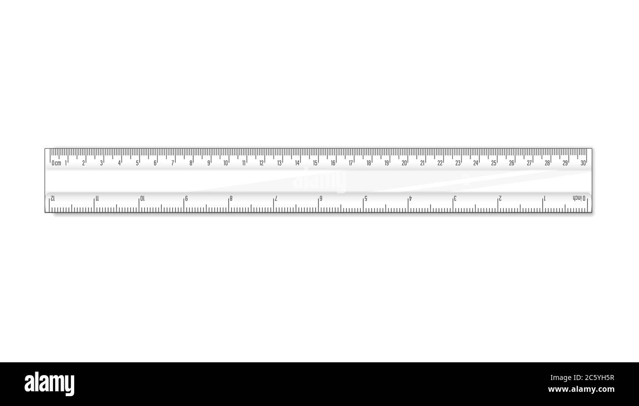 Straight ruler thirty cm. Vector math geometry transparent plastic school and office accessories. Centimeter and inch scale. Graphic realistic Stock Vector