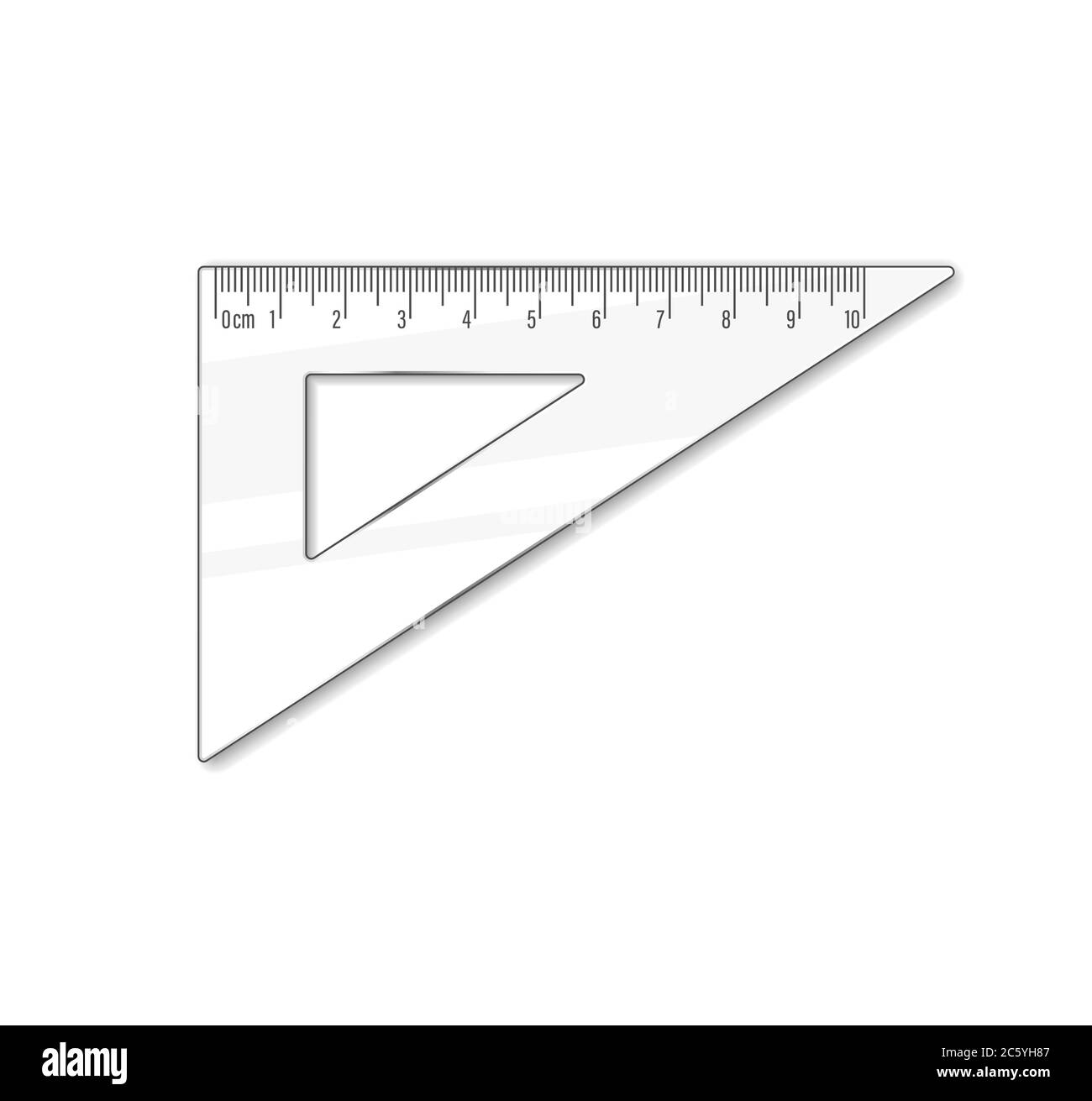 Triangle ruler ten cm. Vector math geometry transparent plastic school and office accessories. Centimeter scale. Graphic realistic illustration Stock Vector