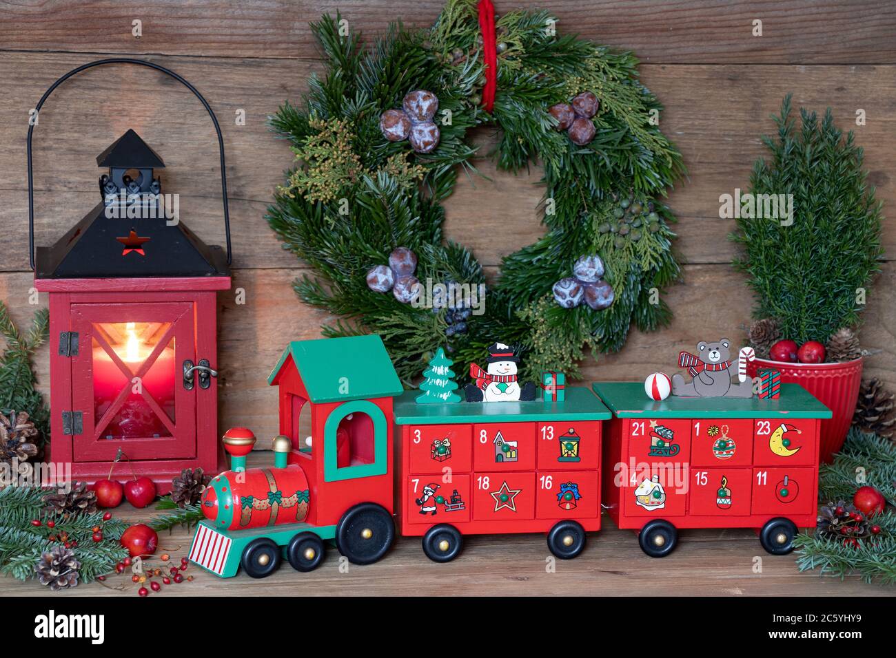 christmas decoration with advent train and red lantern Stock Photo