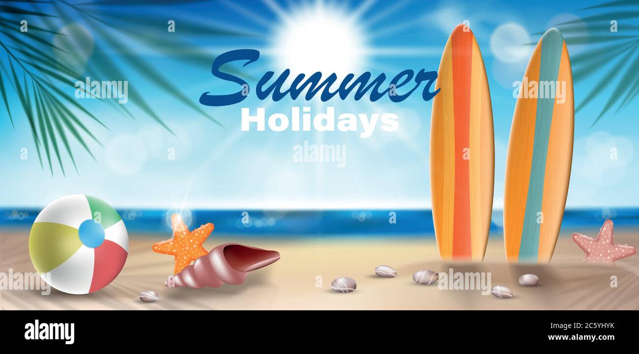 Summer Holidays in Beach Seashore banner design. Summer sea with beach sand against a sunny seascape. Vector Illustration Stock Vector