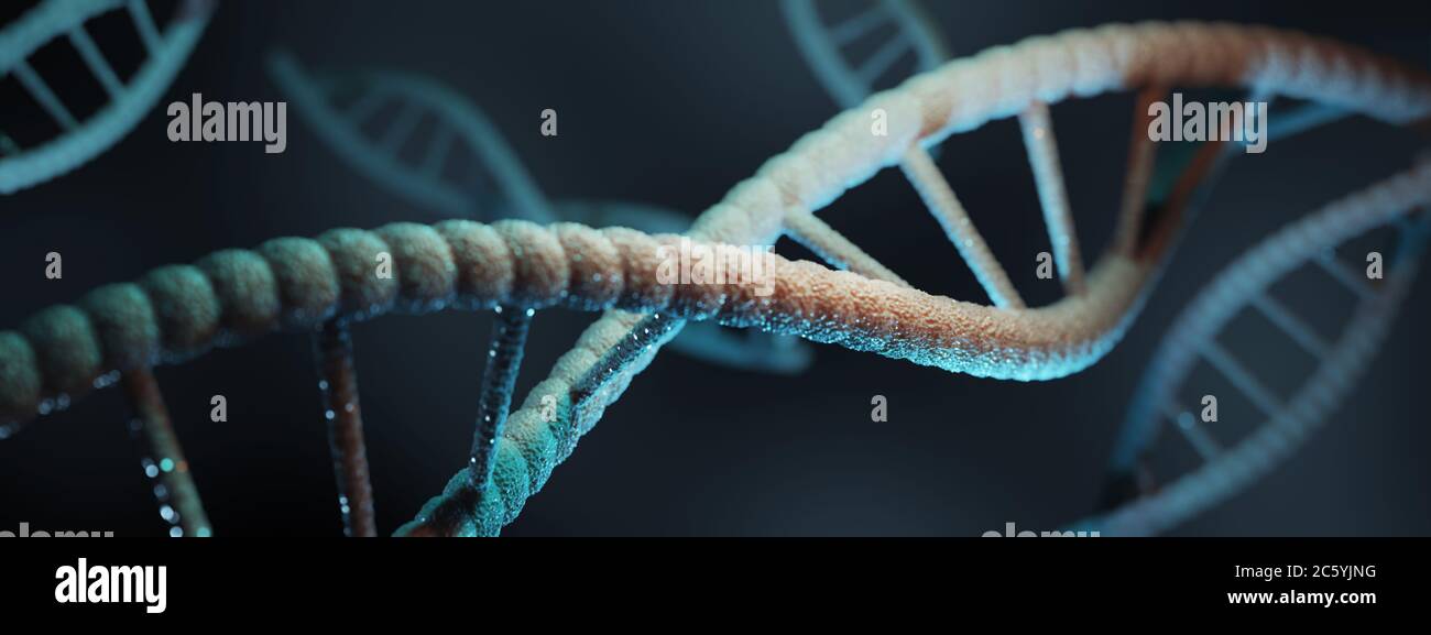 Blue particles of dna strucrure glowing over dark background. Genetic and medicine concept. 3d rendering. High quality photo Stock Photo