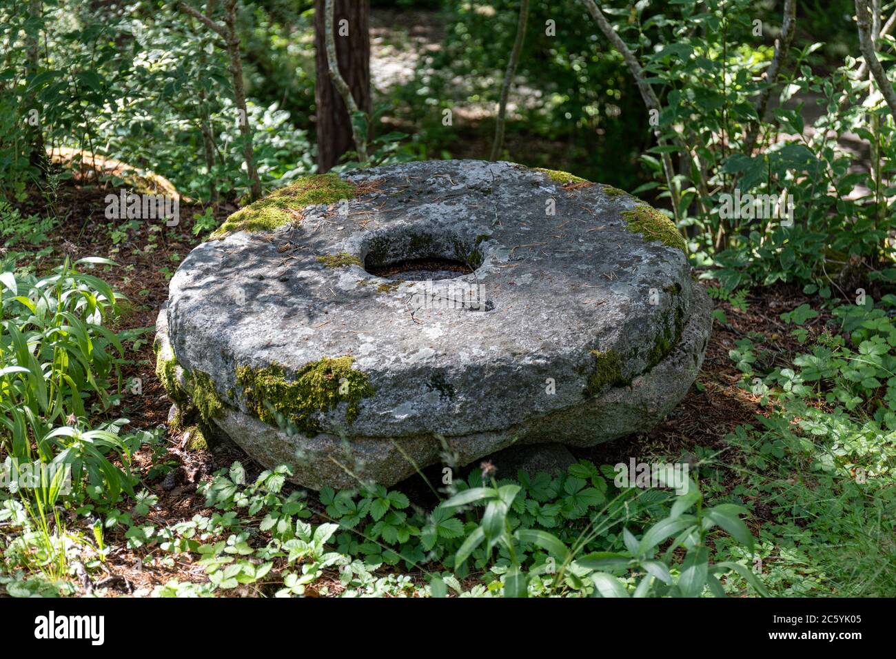 Old millstones in the gardens of Hörtsänä arboretum in Orivesi, Finland Stock Photo