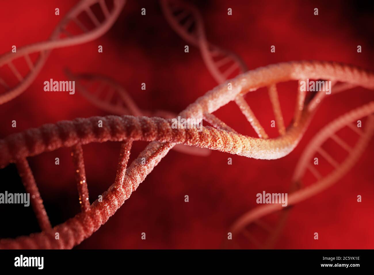 Red particles of dna strucrure glowing over dark red background. Genetic and medicine concept. 3d rendering. High quality 3d illustration Stock Photo