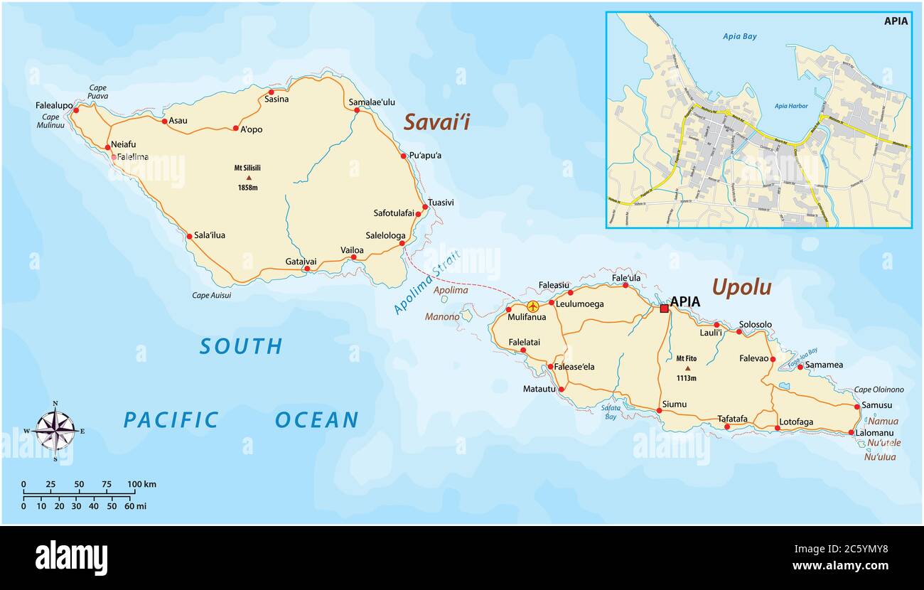 vector road map of Samoa with city map Apia Stock Vector