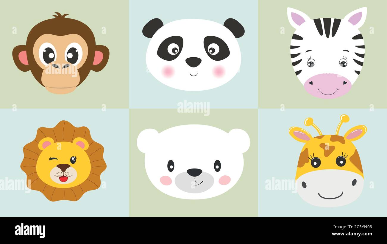 Cute cartoon characters animals monkey, panda, zebra, lion, bear, giraffe, kawaii flat style. Stock Vector