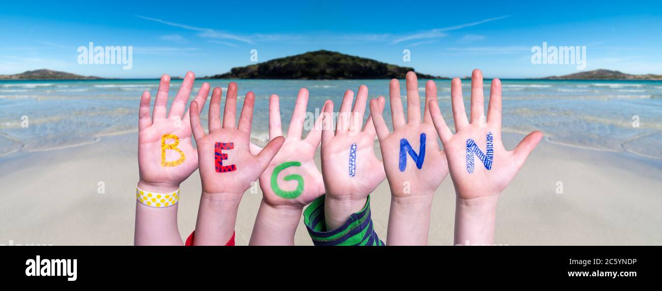 Children Hands Building Word Beginn Mean Beginning, Ocean Background Stock Photo