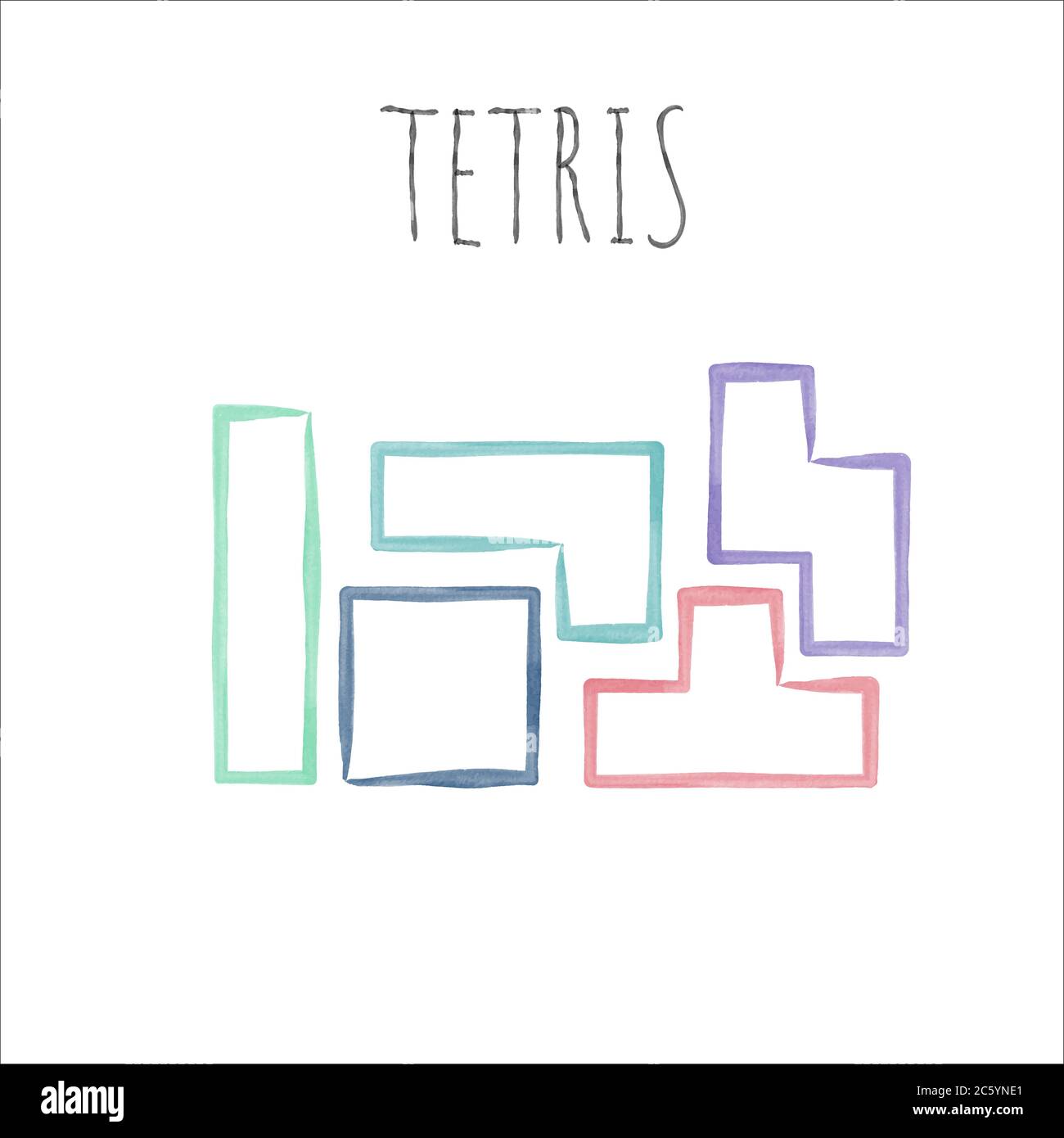 Watercolor linear tetris bricks or shapes. Stock vector illustration isolated on white background. Stock Vector