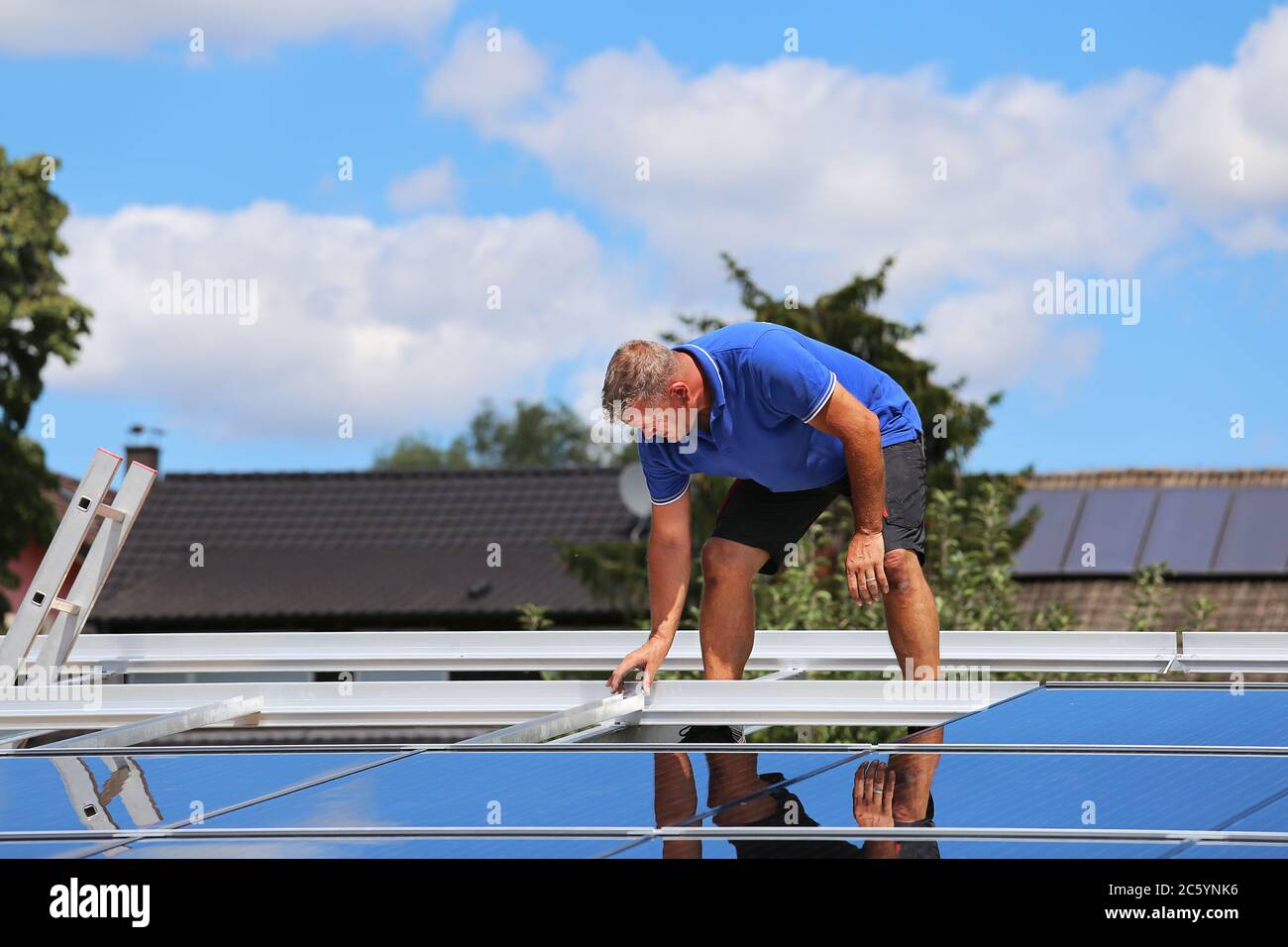Installation of semitransparent solar modules Stock Photo