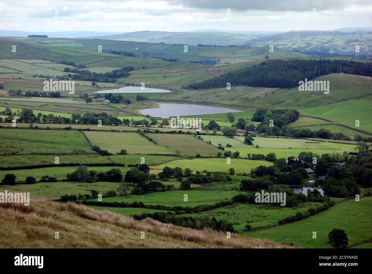 Upper & Lower Black Moss Reservoirs from near the Summit of Pendle Hill, Barley, Lancashire, England, UK. Stock Photo