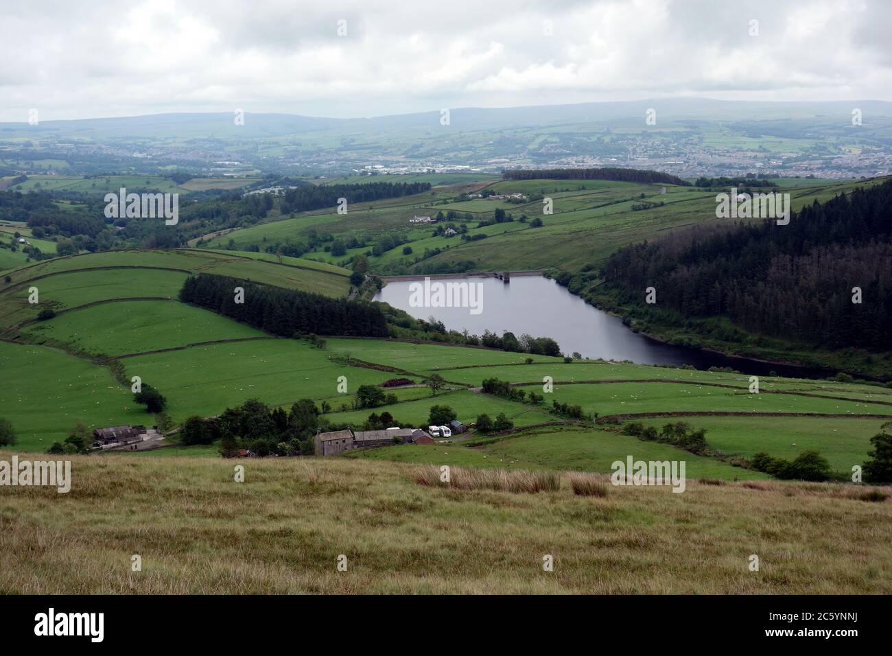 Lower Ogden Reservoir & the Village of Barley from near the Summit of Pendle Hill, Lancashire, England, UK. Stock Photo