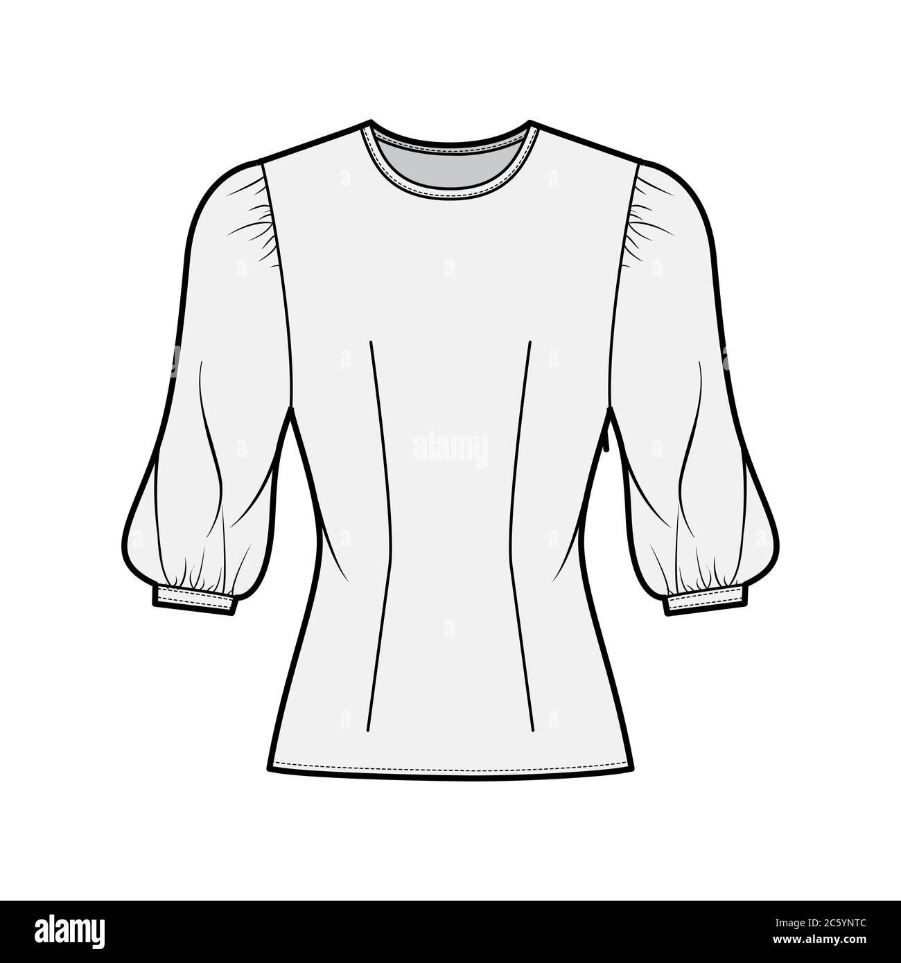 Blouse technical fashion illustration with round neckline, puffy mutton sleeves, fitted body, side zip fastening. Flat apparel template front grey color. Women, men unisex CAD garment designer mockup Stock Vector