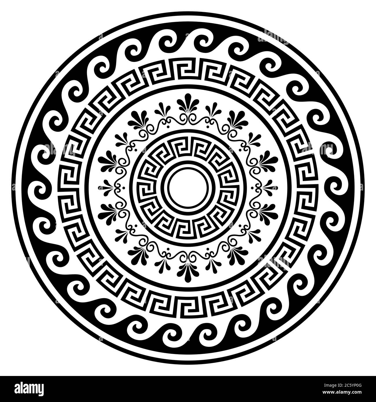 Greek vector boho mandala design with key pattern, flowers and waves, black yoga pattern in black on white background Stock Vector