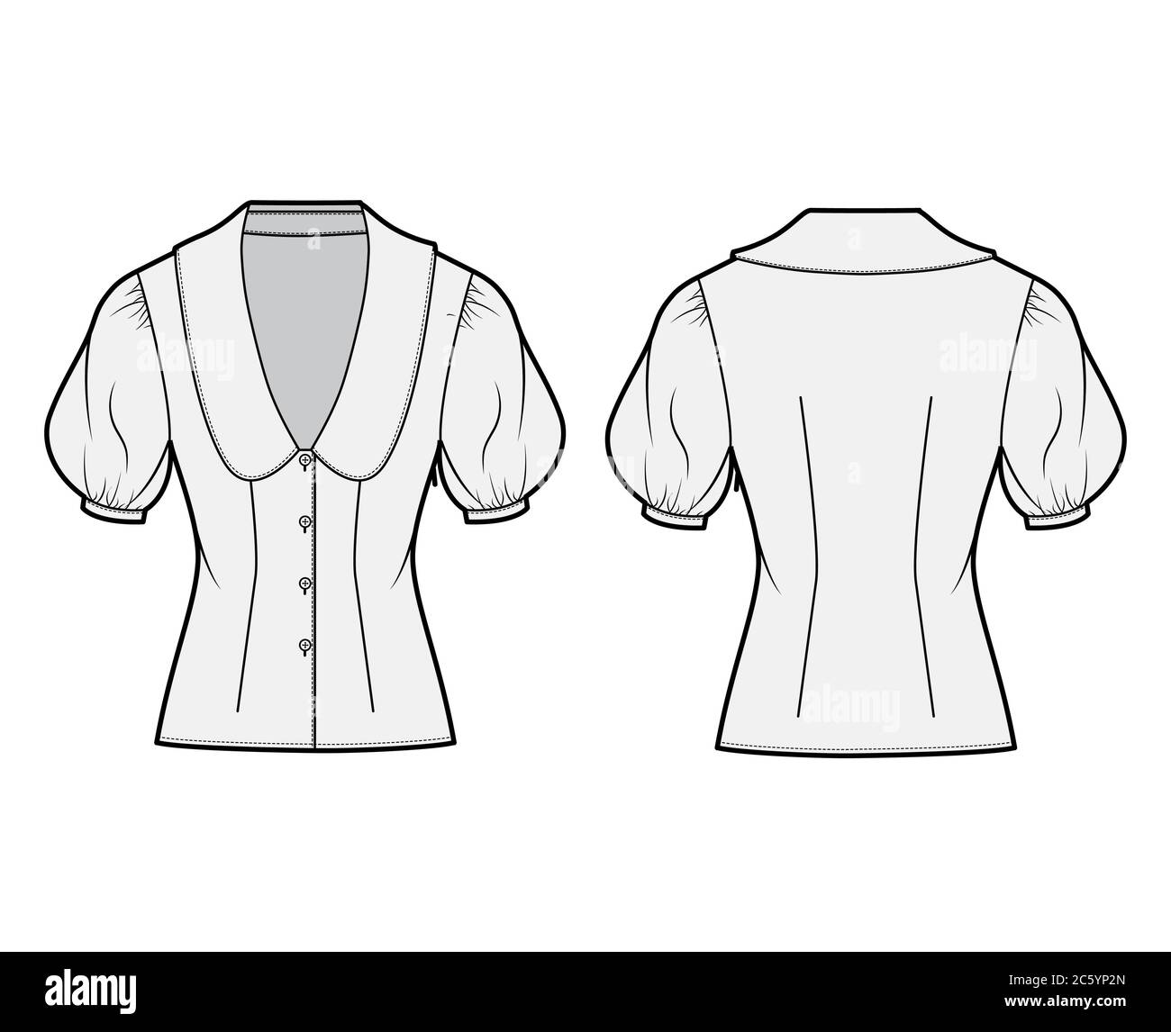 Blouse technical fashion illustration with collar framing the plunging V neck, oversized medium puffed sleeves, fitted body. Flat apparel template front back grey color. Women men unisex CAD mockup Stock Vector