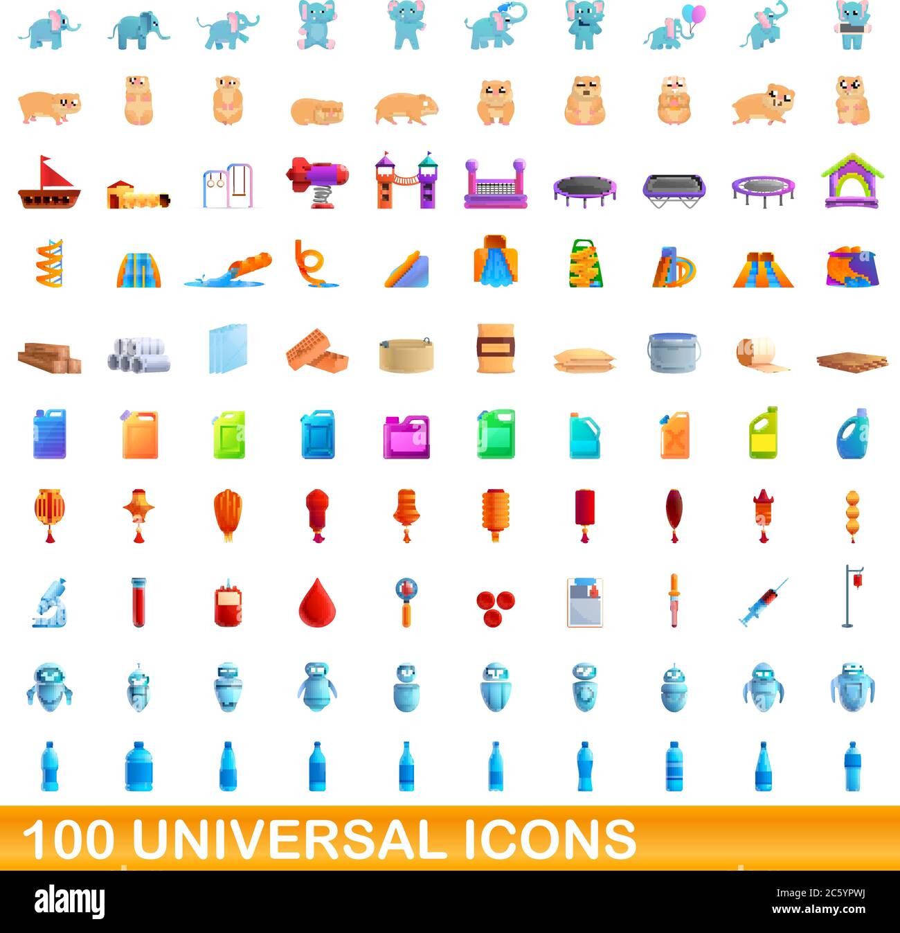 100 universal icons set. Cartoon illustration of 100 universal icons ...