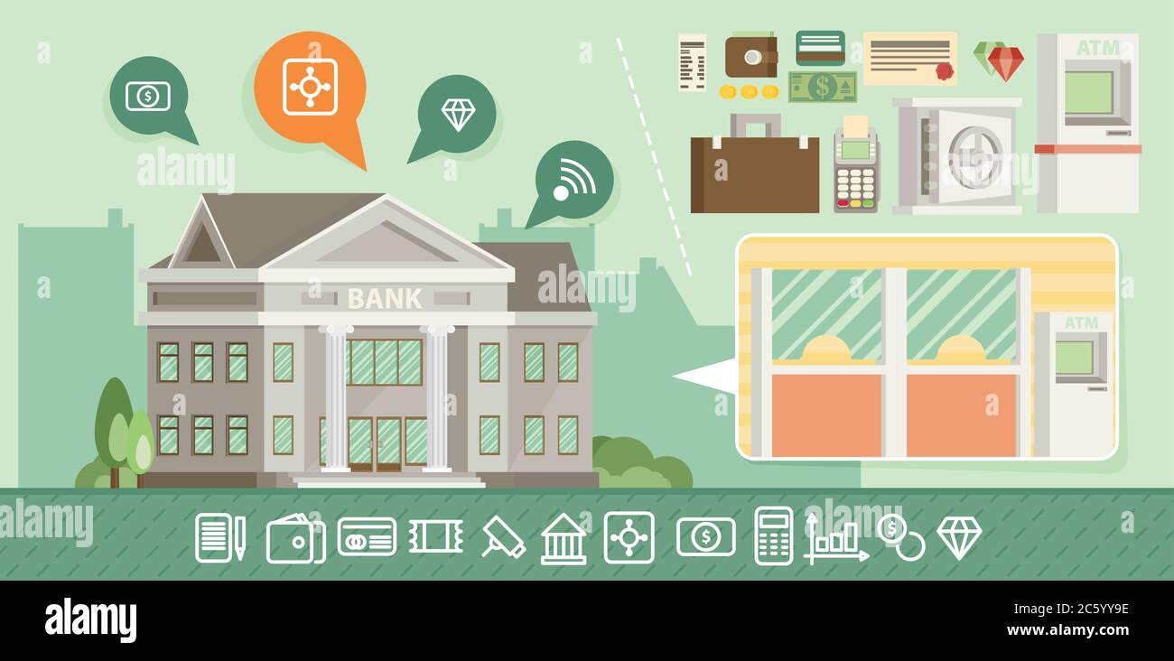 Bank building in city space with icons in flat style. Flat vector Stock ...