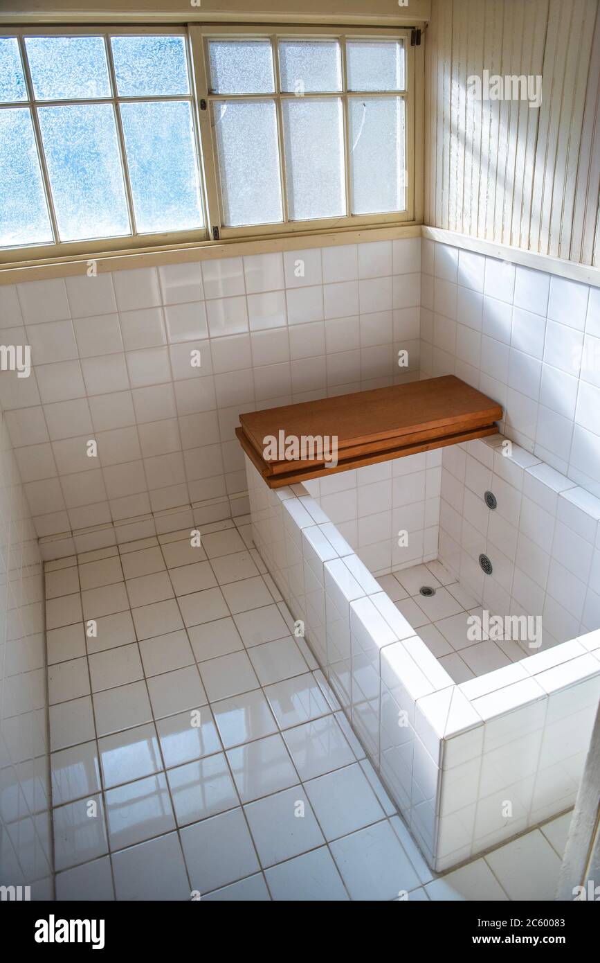 An old home-style bathtub in the precinct of the Edu Tokyo Museum of Architecture Stock Photo
