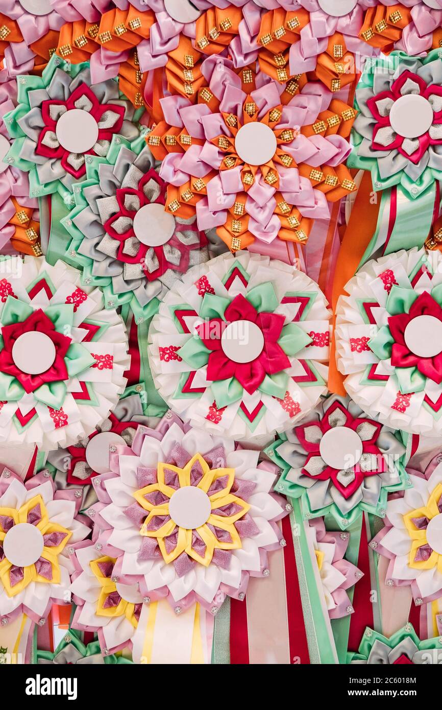 Different Ribbon Awards Badges For Winners In Competition Stock Photo