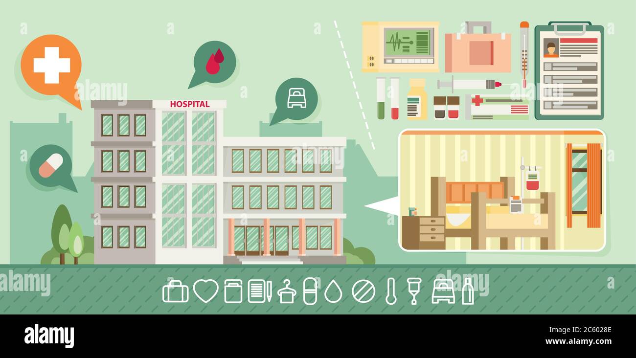 City hospital building in flat style. Icon set Stock Vector Image & Art ...